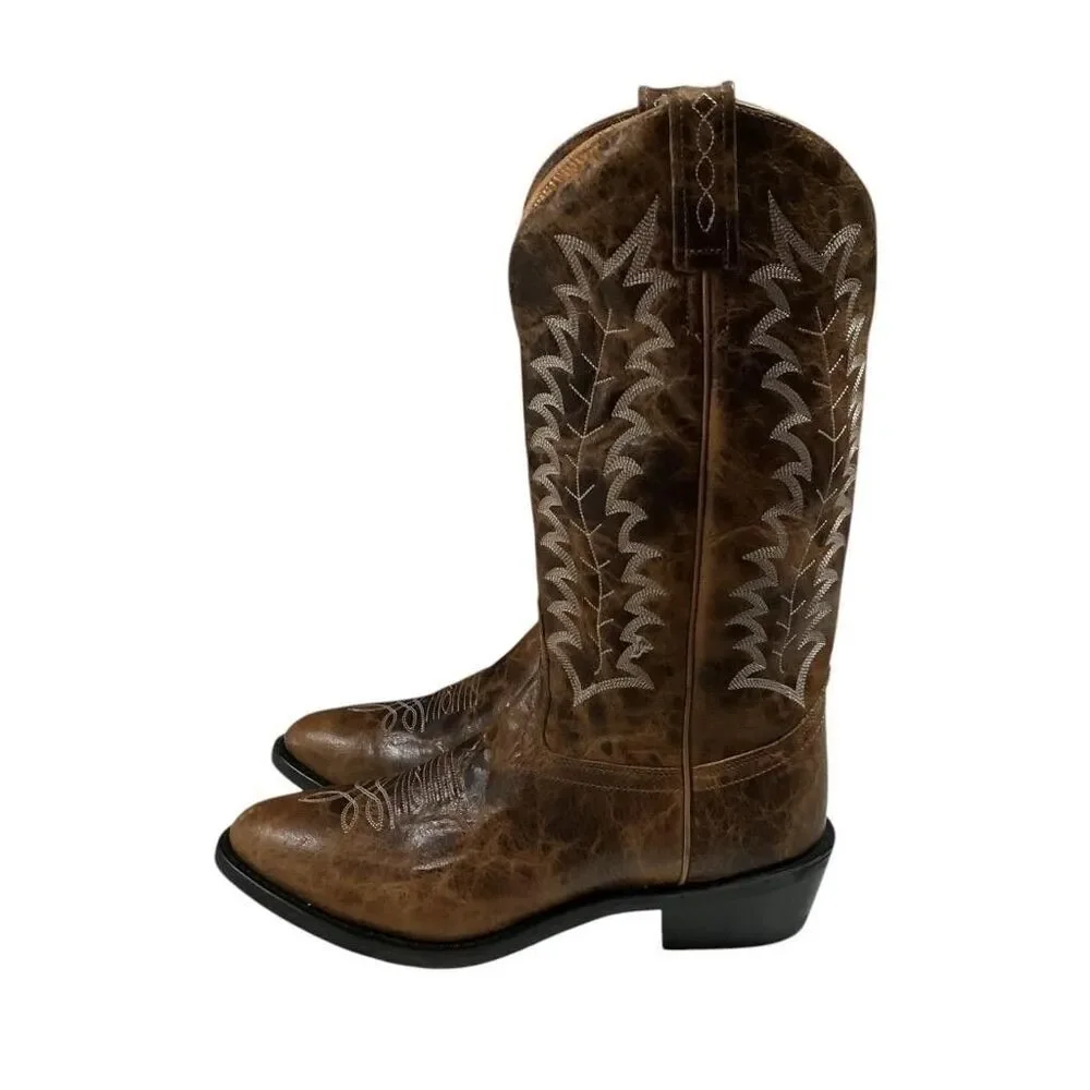 Old West Cowboy Boots Men 10.5 EE Brown Leather Pointed Toe Embroidery Western